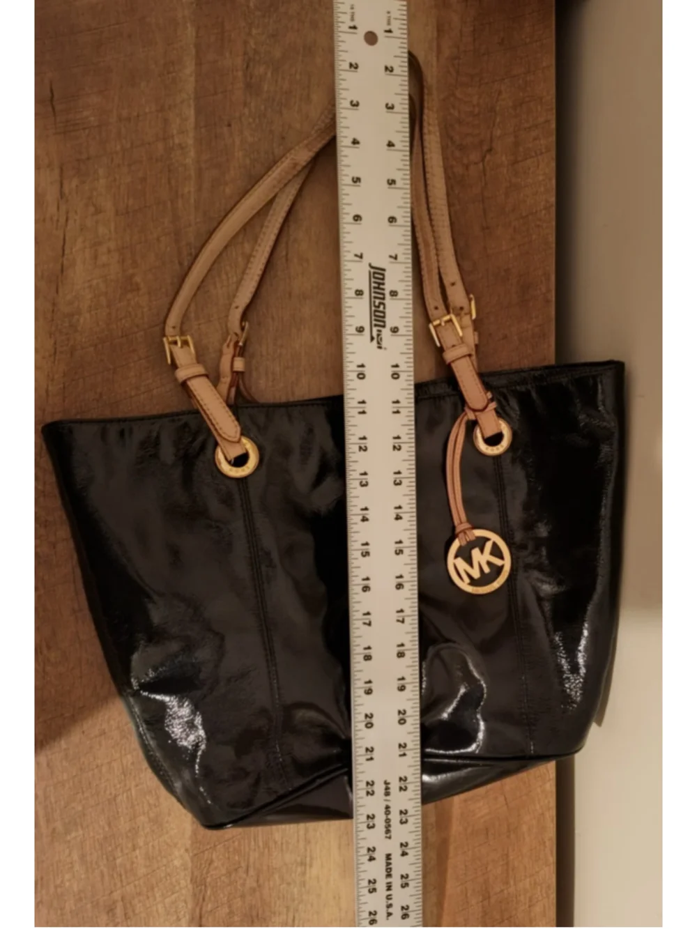 MICHAEL KORS Black MK Logo Monogrammed Patent Leather Tote Purse Handbag Medium